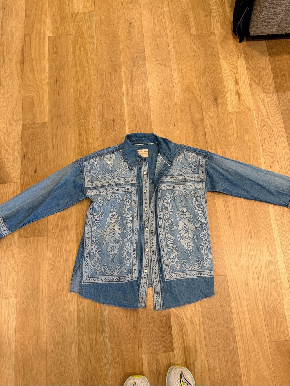 Free People Pearl Snap Denim Button-Up with Bandana Floral Print